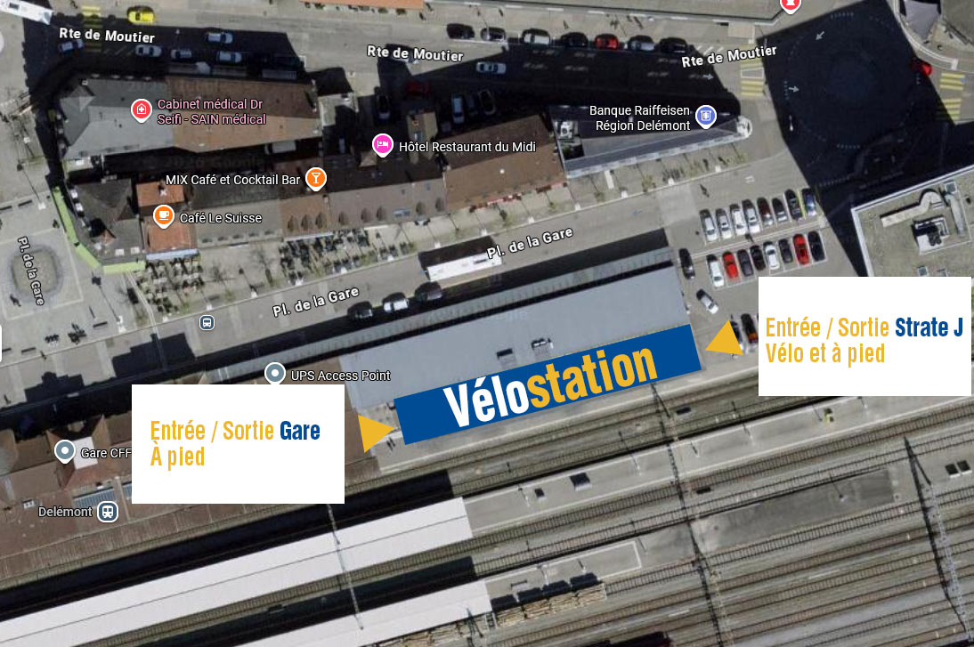 Plan d'accès à la Vélostation de Delémont depuis la gare CFF